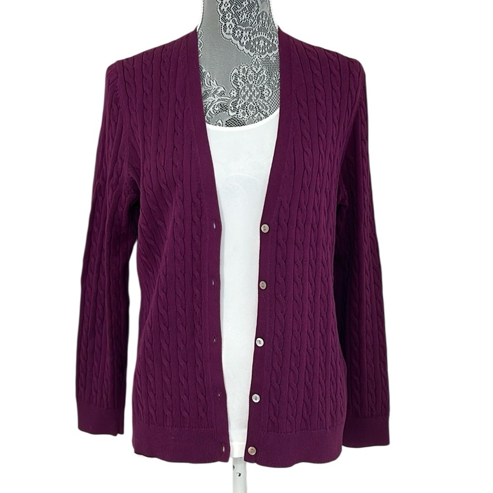 Lands’ End women’s Size Large Petite purple cable knit long sleeve cardigan